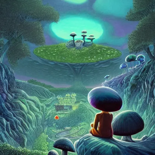 Image similar to A centered chest up portrait of a psychedelic godlike anthropomorphic frog smoking a hand-rolled cigarette , magic mushroom village in background . award winning. superb resolution. in the art style of junji Ito and greg rutkowski . Detailed Mushroom city in background. Hyper realistic anime. Perfect art. Dalle2