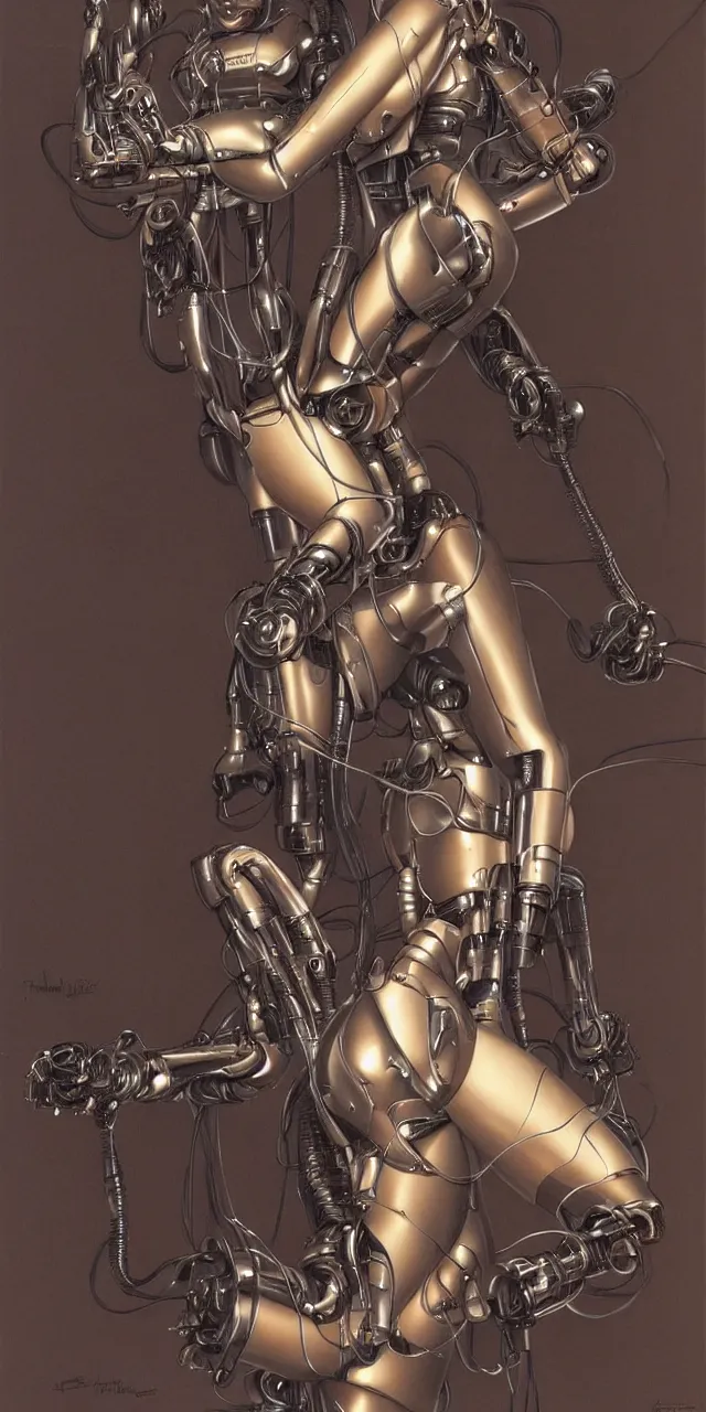 Image similar to beauty Blade Runner woman, robotic arms, cyberpunk, lots of cables and wiring, electrical details, trending on artstation, by Hajime Sorayama and Boris Vallejo