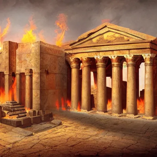Image similar to a beautiful detailed and realistic matte painting of Herod’s Temple in Jerusalem aflame