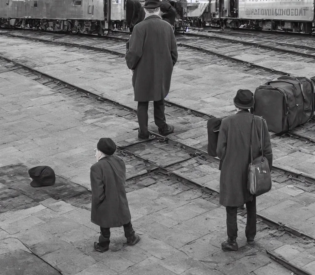 Prompt: Old man with a newsboy hat waits for a train with a lot of baggage on a platform, trains in the background, low angle, morning hard light, realistic digital art