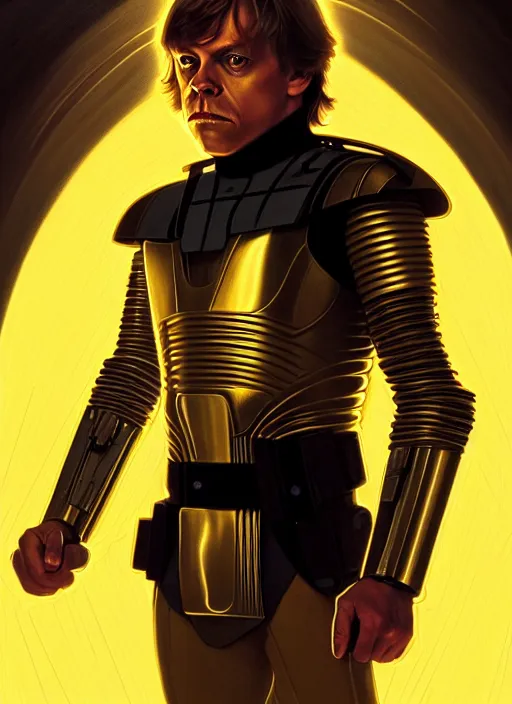 Image similar to symmetry!! portrait of young mark hamill, luke skywalker gold sci - fi armour, tech wear, glowing lights!! sci - fi, intricate, elegant, highly detailed, digital painting, artstation, concept art, smooth, sharp focus, illustration, art by artgerm and greg rutkowski and alphonse mucha