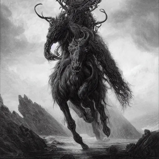 Image similar to a masterpiece! photographic portrait of a scarlet - colored!! beast!! with seven heads!! and ten horns!! by gustave dore and sam spratt and allen williams, trending on artstation, cgsociety, 8 k hd, earthtone colors, a cloaked woman riding the back of the beast