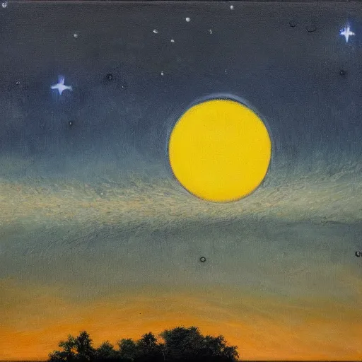 Prompt: The oil-on-canvas painting is dominated by a night sky roiling with chromatic blue swirls, a glowing yellow crescent moon, and stars rendered as radiating orbs. One or two cypress trees, often described as flame-like, tower over the foreground to the left, their dark branches curling and swaying to the movement of the sky that they partly obscure. Amid all this animation, a structured village sits in the distance on the lower right of the canvas. Straight controlled lines make up the small cottages and the slender steeple of a church, which rises as a beacon against rolling blue hills. The glowing yellow squares of the houses suggest the welcoming lights of peaceful homes, creating a calm corner amid the painting’s turbulence., IMPRESSIONIST STYLE painting