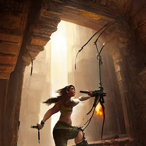 Prompt: lara croft stealing a catalytic convertor, that is on a trapped pedastal, from inside a temple, temple run, painted by greg rutkowski