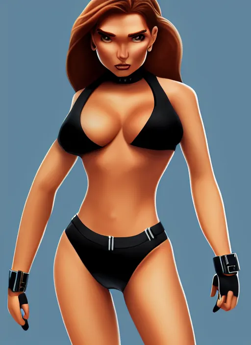 Image similar to kim possible in a black bikini, intricate, elegant, highly detailed, digital painting, artstation, concept art, smooth, sharp focus, illustration, 8 k