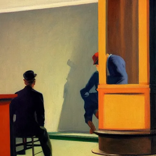 Image similar to a detailed painting, blonde man at a shoe store, edward hopper,