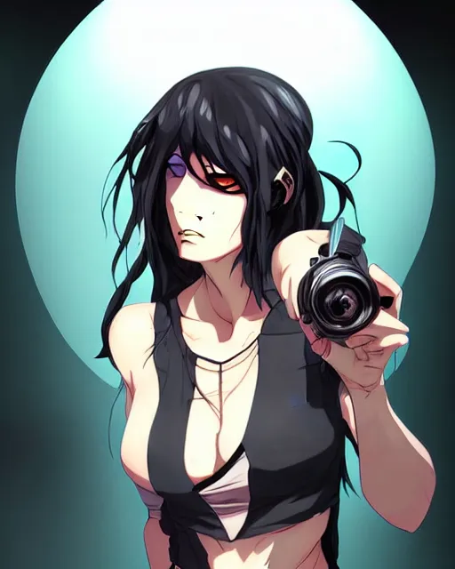 Prompt: style of madhouse studio anime, rei hiroe black lagoon manga, loish, artgerm, joshua middleton comic art, portrait of revy from black lagoon, symmetrical eyes and symmetrical face, jean shorts, white tank top, waist up, sarcastic evil smirk on face, natural lighting