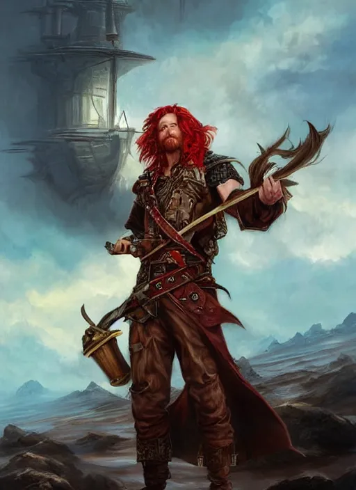 Image similar to epic fantasy portrait painting of a long haired, red headed male sky - pirate in front of an airship in the style of eve ventrue