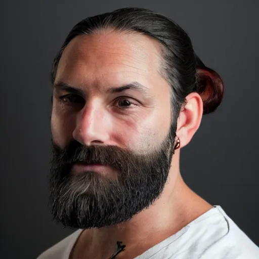 Prompt: portrait of a man in his 30s with a long black beard and black hair pulled back into a pony tail, medium plump nose, blue eyes, tan complexion, visible gauges in both ears.