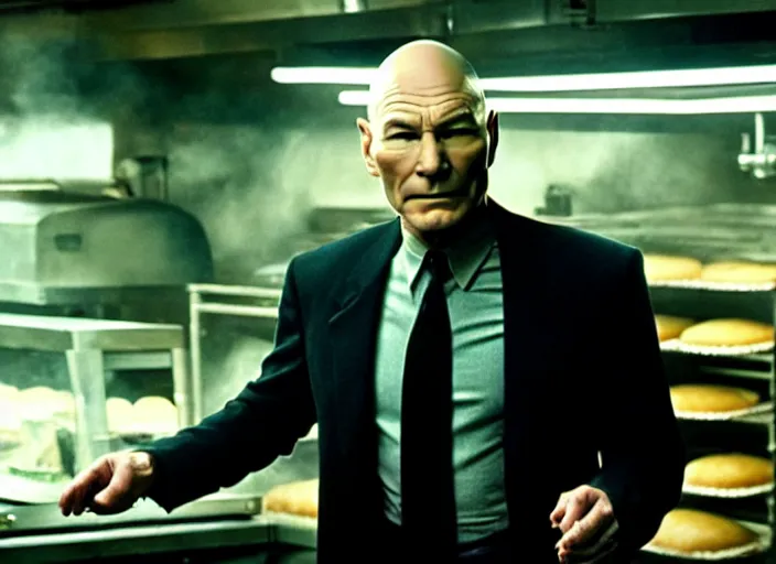 Prompt: film still of patrick stewart as agent smith working in a bakery in the new matrix movie, 4 k