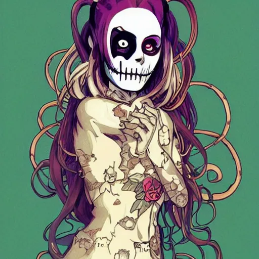 Image similar to anime manga skull portrait girl female HarleyQuinn skeleton illustration sunset art Geof Darrow and Ashley wood and Ilya repin and alphonse mucha pop art nouveau