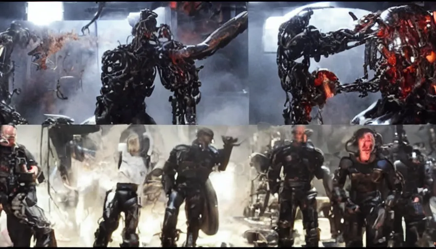 Prompt: big budget action movie about a demonic battle cyborg smashing up a science lab