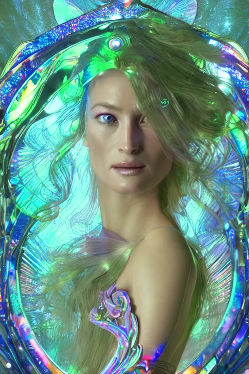 Prompt: a very beautiful highly detailed hyperrealistic 8 k render of carolyn murphy as a dark alien techno matrix fairy goddess in alphonse mucha style gustav klimt rainbow iridescent shining trending on artstation made in unreal engine 4