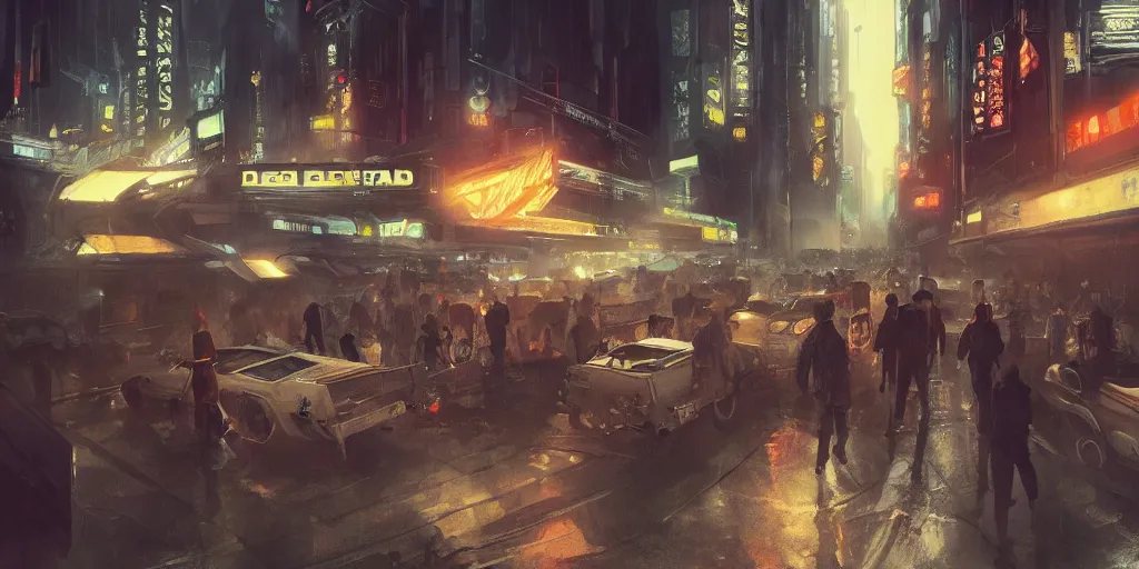 Image similar to busy underground sci - fi flea market, artstation contest winner. blade runner, dark and moody