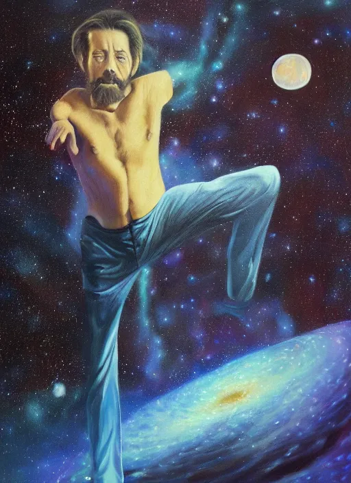 Prompt: alan watts floating in the universe full body oil on canvas painting highly detailed, featured on artstation