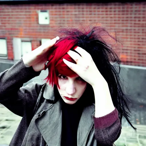 Image similar to a pale emo girl, messy black / red hair, british street background, overcast weather, 2 0 0 6