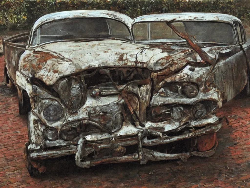 Prompt: Rusty old car. Painting by Lucian Freud.