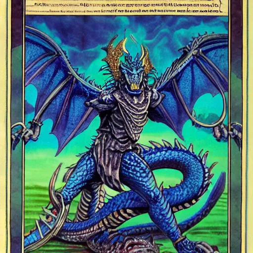 Image similar to head and shoulders portrait of a medieval d & d fantasy anthropomorphic blue dragon - human hybrid sorcerer, d & d rulebook cover art by jeff easley, hr giger, and frank miller