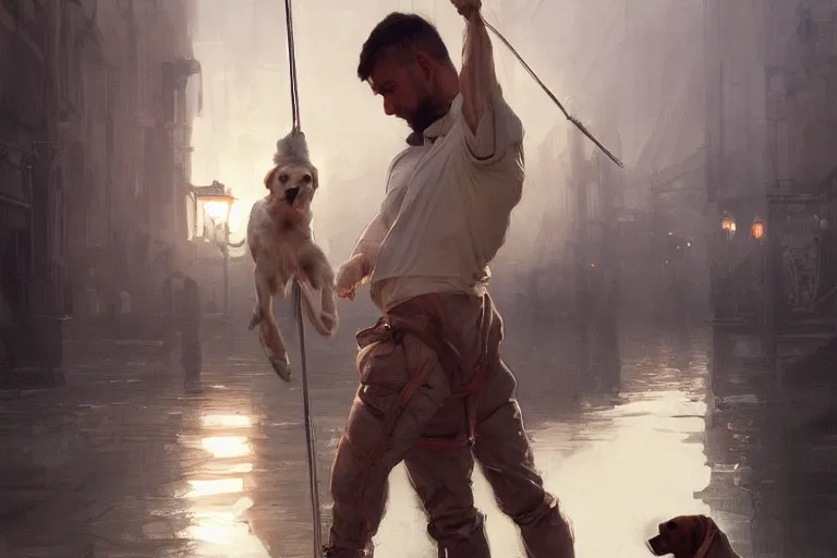 Prompt: a man tied to a pole, jack russel terrier pissing on him, highly detailed, digital painting, artstation, concept art, smooth, sharp focus, illustration, cinematic lighting, art by artgerm and greg rutkowski and alphonse mucha