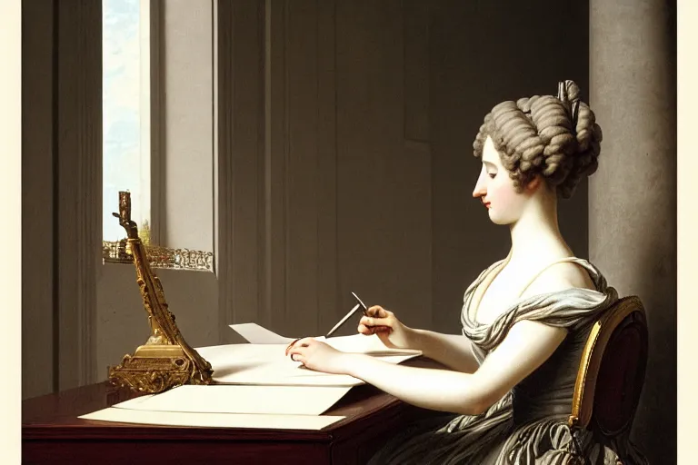 Prompt: 1 8 1 0 s lady writing at her desk by vittorio reggianini, georgian, dress, directoire style, regency, empire silhouette, bright lighting, perfectly detailed eyes, beautiful hands, pale skin, clear face