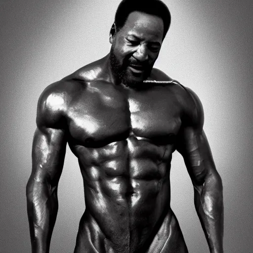 Image similar to marvin gaye with a physique of a body builder, hyper realistic, ultra detailed, cinematic, dynamic lighting, photorealistic, refined, intricate, digital art, digital painting, masterpiece, 8k,