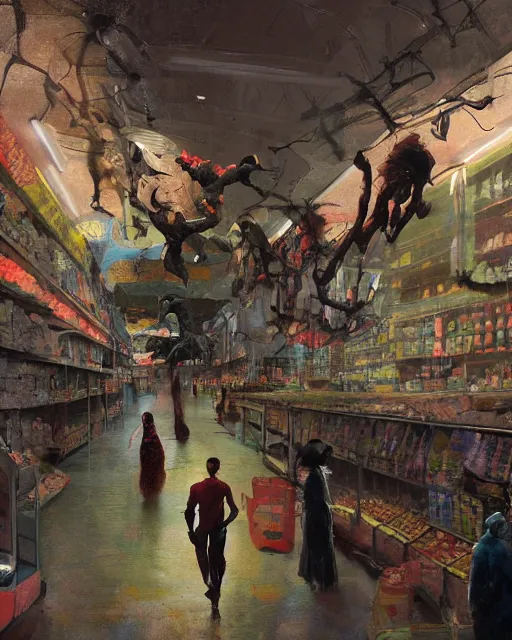 Prompt: a highly detailed cinematic concept art CG render digital painting of spherical people at a decayed grocery store surrounded by dark figures. triadic color scheme, By Greg Rutkowski, in the style of Francis Bacon and Syd Mead and Edward Hopper and Norman Rockwell and Beksinski, open ceiling, highly detailed, painted by Francis Bacon, painted by James Gilleard, surrealism, airbrush, Ilya Kuvshinov, WLOP, Stanley Artgerm, very coherent, art by Takato Yamamoto and James Jean