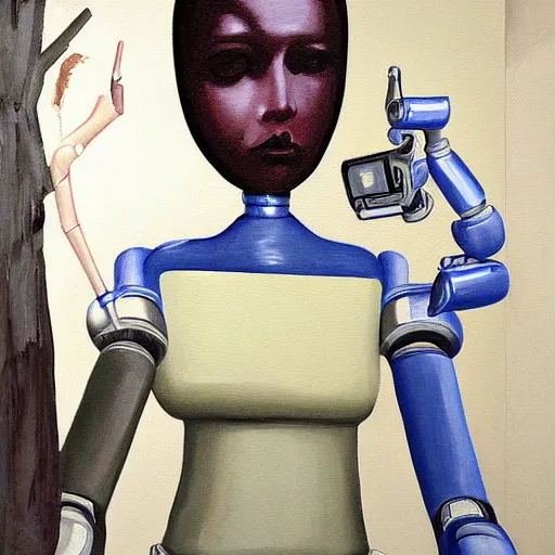 Image similar to female robot girl painting by neo rauch, highly detailed