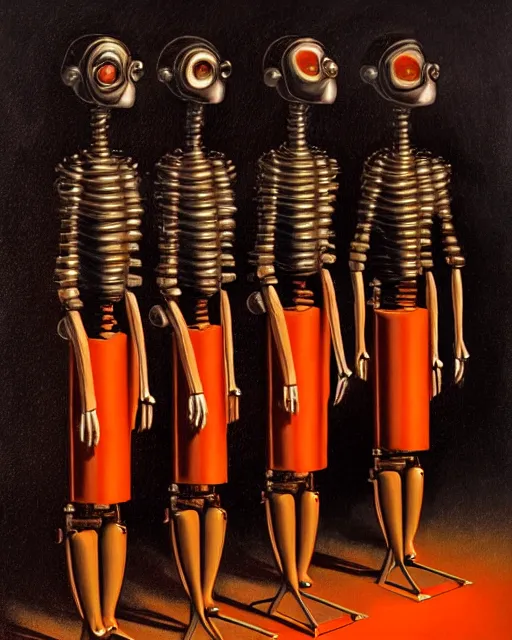 Image similar to hyperrealistic victorian mechanical humanoids singing on an art deco stage concept art santiago caruso de chirico sharp dramatic orange light 8k low angle shallow depth of field