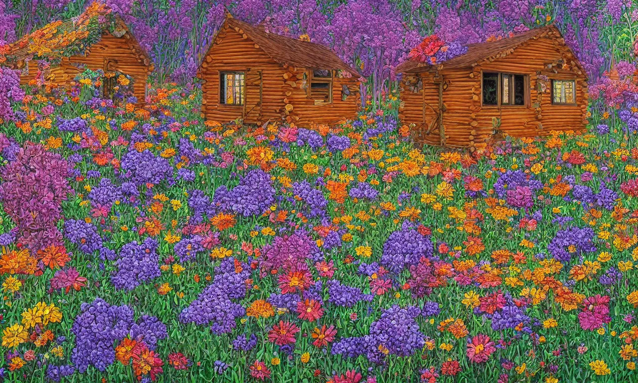 Image similar to a cabin in a mystical field of flowers, oil on canvas, intricate, hd, digital art, complementing colors, detailed, illustration painting by alex gray, digital art, moebius