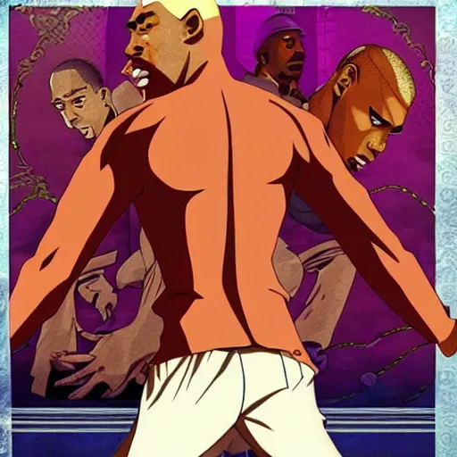 Image similar to Tupac Shakur, screenshot from a 2012s anime