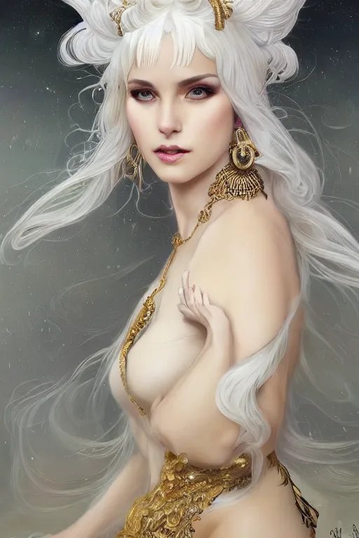 Image similar to fullbody!! of a beautiful woman with white hair, big natural horns on her head, long flowing intricate black lace dress, gold jewellery, dnd, face, fantasy, intricate, elegant, highly detailed, digital painting, artstation, concept art, smooth, sharp focus, illustration, art by artgerm and greg rutkowski and alphonse mucha