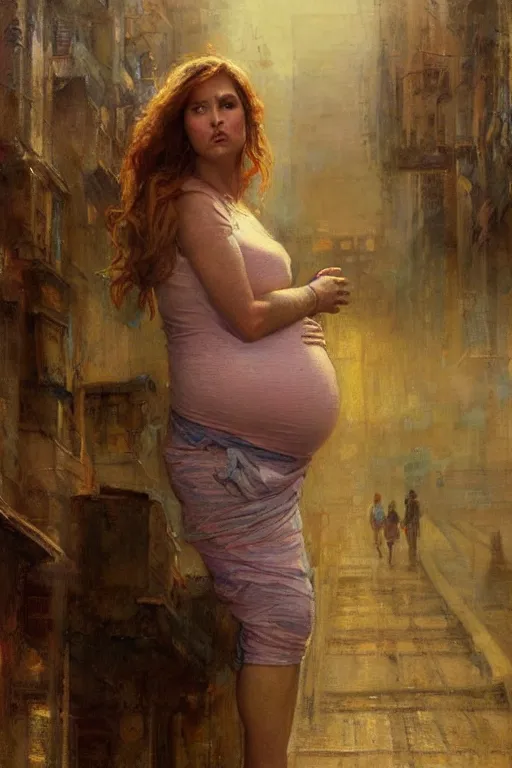 Prompt: pregnant woman in t-shirt by Gaston Bussiere. full-shot, urban dystopia, hyper realism, realistic proportions, dramatic lighting, high detail 4k