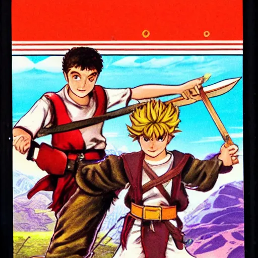 Image similar to 11-year-old boy with crazy hair holding scimitar, boy going on adventure, Nintendo Famicom boxart, 1987 video game boxart