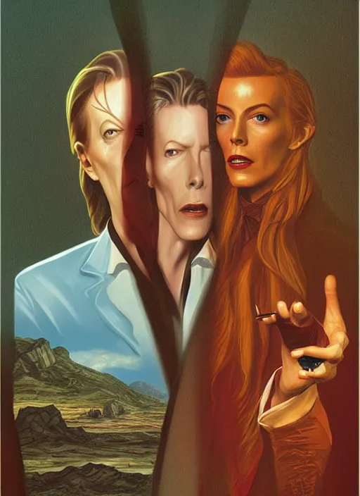 Image similar to twin peaks poster art, portrait of david bowie learns from synthizia where the next clue lies, by michael whelan, rossetti bouguereau, artgerm, retro, nostalgic, old fashioned