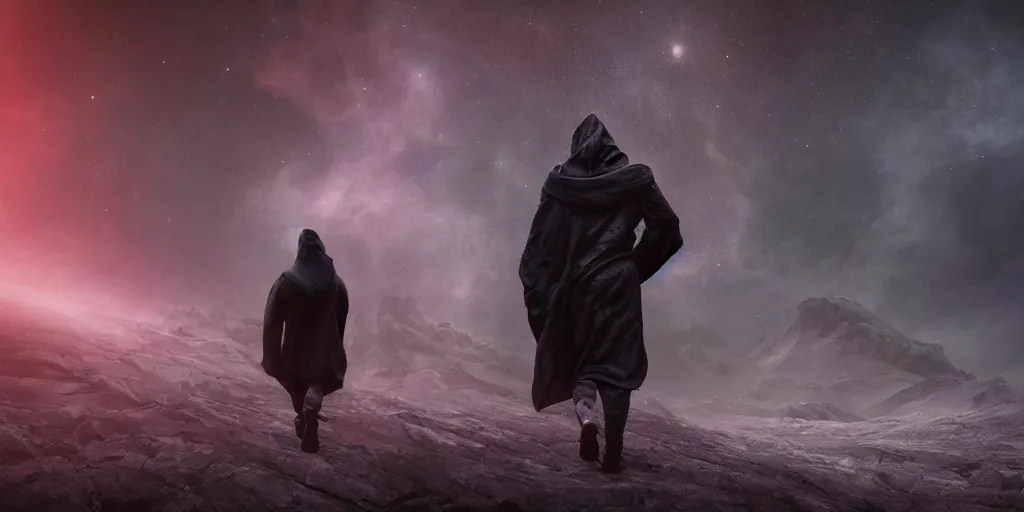 Image similar to a photographic picture of a man in a dark hood walking towards a cosmic mountain, photographic filter, unreal engine 5, realistic, hyperdetailed, 8 k, cinematic, volumetric lighting, very realistic effect, hd, hdr, 4 k, sharp focus, octane render, ultra detailed, high resolution, trending on artstation in the style of albert dros glowing rich colors powerful imagery