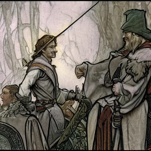 Image similar to robin hood meeting king arthur in the style of howard pyle, arthur rackham, alphonse mucha. volumetric lighting. 8 k resolution. best detail. trending on artstation trending on deviantart