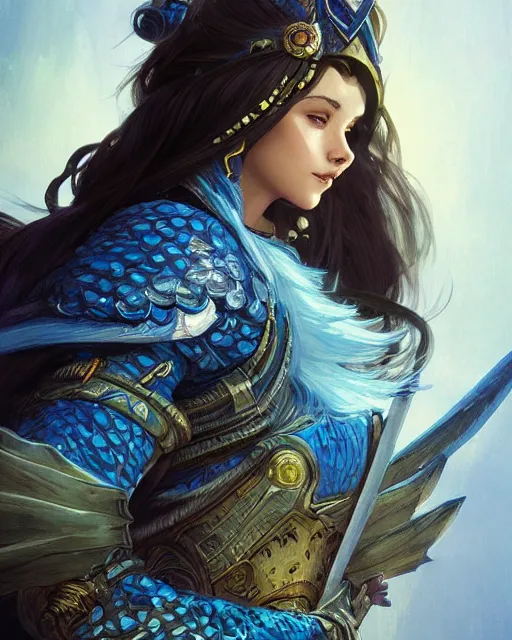 Image similar to Portrait of a Fantasy azure knight, moonlit, HD, illustration, epic, D&D, fantasy, intricate, elegant, highly detailed, digital painting, artstation, concept art, smooth, sharp focus, illustration, art by artgerm and greg rutkowski and alphonse mucha, monster hunter illustrations art book