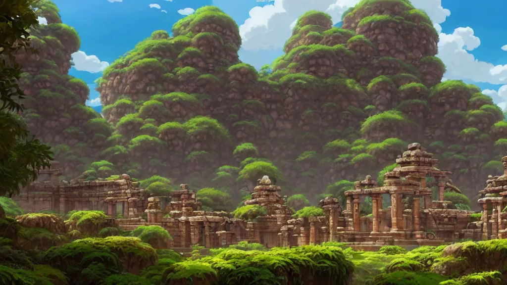 Image similar to ancient temple ruins, studio ghibli, pixar and disney animation, sharp, rendered in unreal engine 5, highly detailed, digital painting, artstation, concept art, smooth, sharp focus, illustration, wide angle, artbook, wallpaper, splash art, promo art, dramatic lighting, art by artgerm and greg rutkowski and bo chen and jin xiaodi