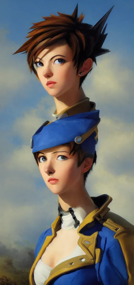 Image similar to oil painting of tracer overwatch in a field wearing blue uniform and black spiked collar, in style of ivan aivazovsky, expressive face, detailed face, detailed eyes, full body, feminine face, tracer overwatch,