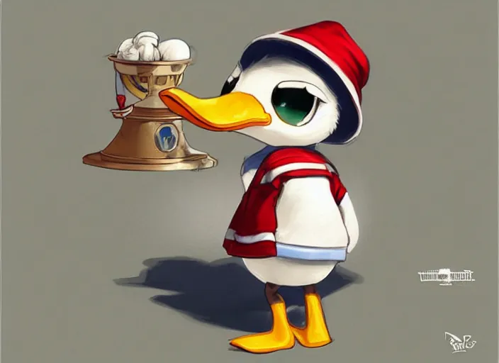 Image similar to award - winning detailed concept art of a cute iconic anthropomorphic little duck character wearing a sailor suit. art by wlop on bcy. net, realistic. detailed feathers, art by cheng yi. artstationhd, artgerm, disney pixar