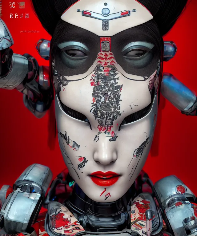 Image similar to an epic fantastic realism comic book style portrait painting of a japanese robotic geisha with kanji tattoos and decals, apex legends, octane render, intricate detail, 4 k hd, unreal engine 5, ex machina, irobot