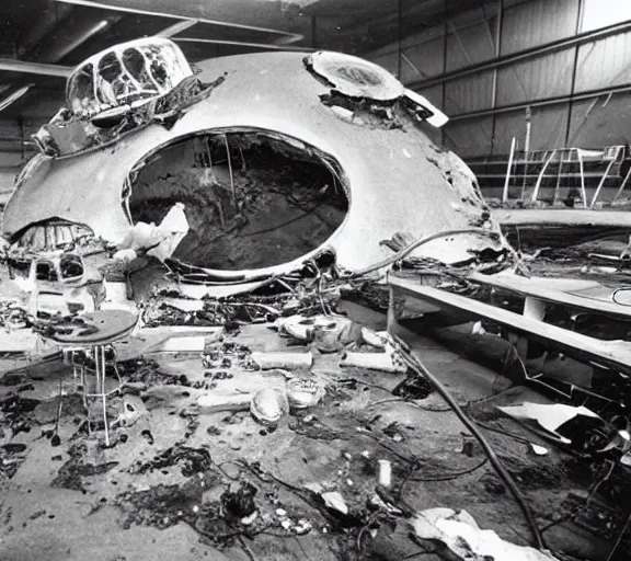 Prompt: Scientists examine UFO wreckage in a secret hangar, 1970s, hidden camera, black and white