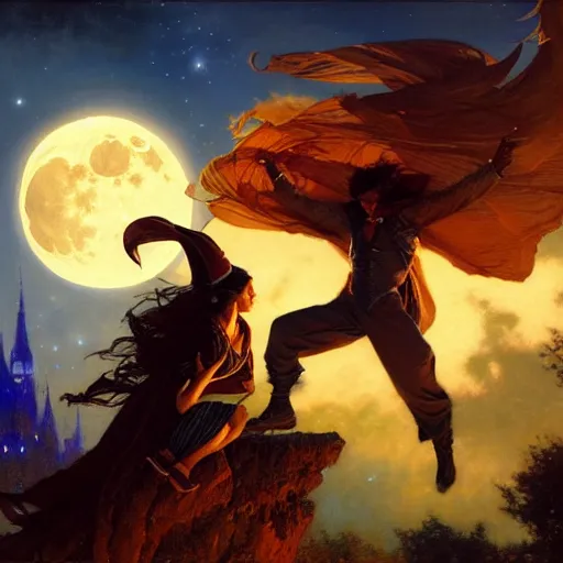 Prompt: attractive male witch magically flying trough the night, fantasy, full moon in background. highly detailed painting by gaston bussiere, craig mullins, j. c. leyendecker 8 k