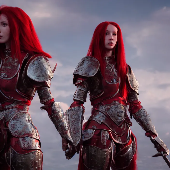 Prompt: a girl with a long red hair wearing a full-body red plate armor standing in a battlefield, anatomically correct, hyperrealistic, concept art, octane render, unreal engine 5, 8K HDR, highly detailed, high quality, fantasy armor