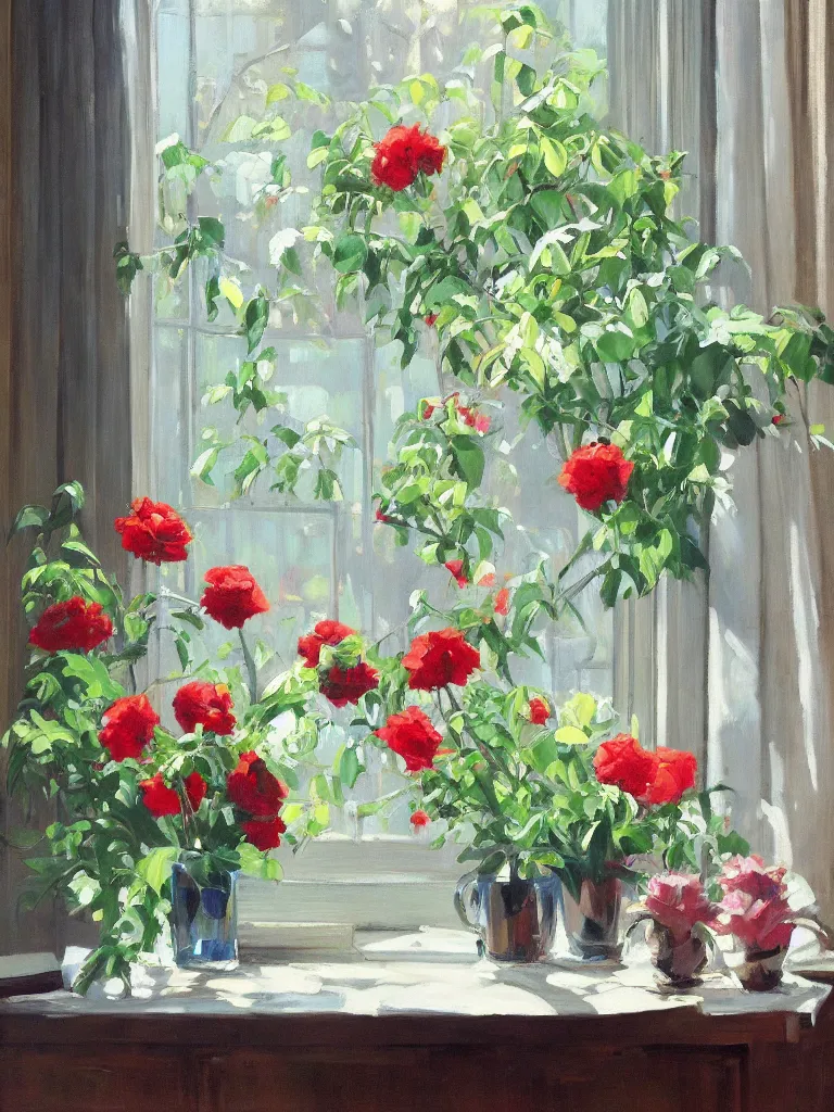 Image similar to gorgeous flowers by Ben aronson, oil on canvas, morning, window with art nouveau curtains