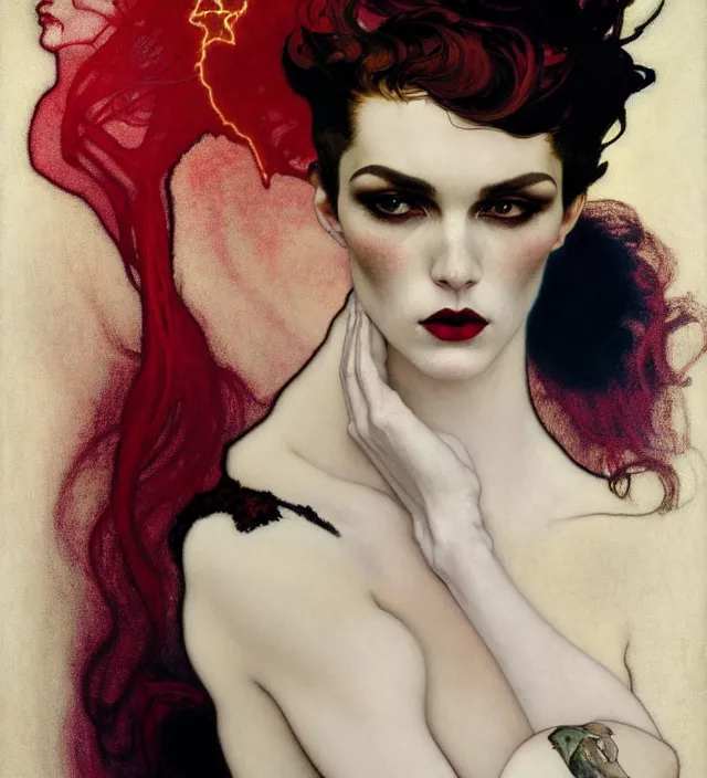 Image similar to stunning portrait of highly details androgynous ruby rose as desire from sandman, rockabilly style, white suit and black tie,, by egon shiele and alphonse mucha, with influence of jeremy mann, peter lindbergh, dave mckean, maurice sapiro, and frank moth, soft lightning, highly detailed, 8 k