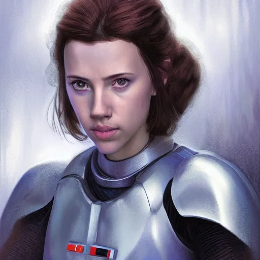 Prompt: head and shoulders portrait of a female knight, jedi, blue lightsaber, young scarlett johansson or young mary louise parker, star wars, by doug chiang, face detail, extremely detailed, digital illustration