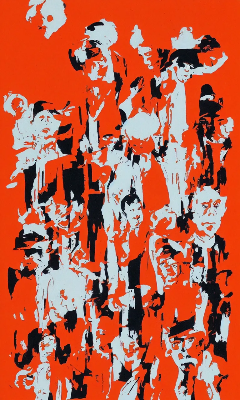 Prompt: alex and his droogs, illustration from 1 9 7 0, very orange, cool, minimalistic