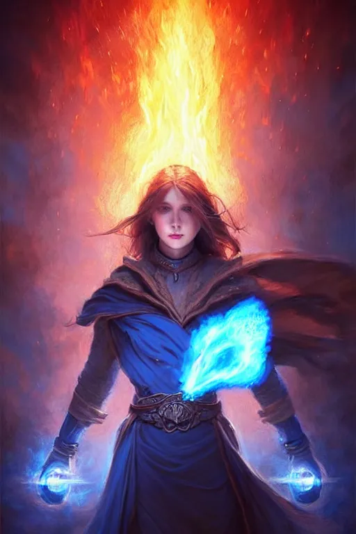 Image similar to Front portrait of mage hold a blue fire on right hand and red fire on the left hand, full body, fine art, awesome fantasy book cover on Pinterest, award winning, dark fantasy landscape, fantasy magic, intricate, elegant, sharp focus, cinematic lighting, highly detailed, digital painting, concept art, art by WLOP and Artgerm and Greg Rutkowski, masterpiece, trending on artstation, 8K