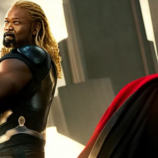 Image similar to Black Thor, Avengers end credits movie still, cinematic